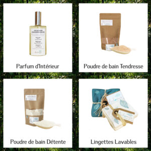 Ambiance : parfum d'intérieur 28,20€, poudre de bain tendresse 12,90€, détente 12,90€  et Lingettes lavables 12,40€