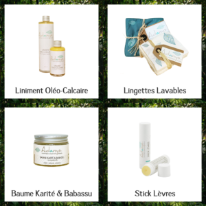 Coffret Bébé 
Liniment Oléo Calcaire 10,60€, Lingettes lavables 12,40€, Baume Karité 13,90€ et le stick à lèvres 5,80€