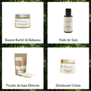 Le corps : Baume Karité 13,90€, Huile de soin 21,80€, Poudre de bain Détente 12,90€ et le Déo crème 13,90€