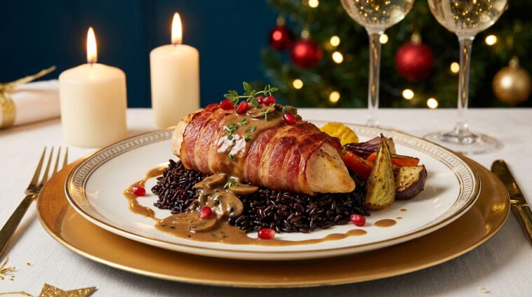 Plat de fête : Suprêmes de poulet au lard fumé et riz noir