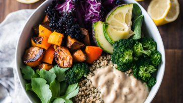Bowl de quinoa aux légumes rôtis et sauce tahini citronnée