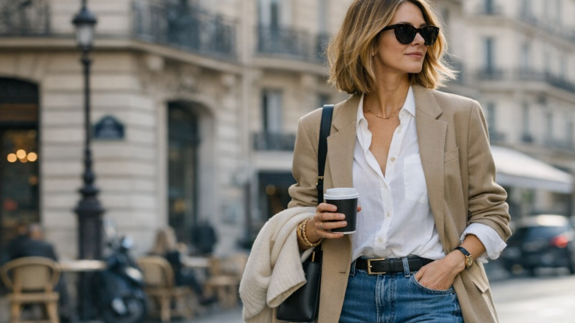 Femme élégante en blazer et jean style femme 2026 allure parisienne