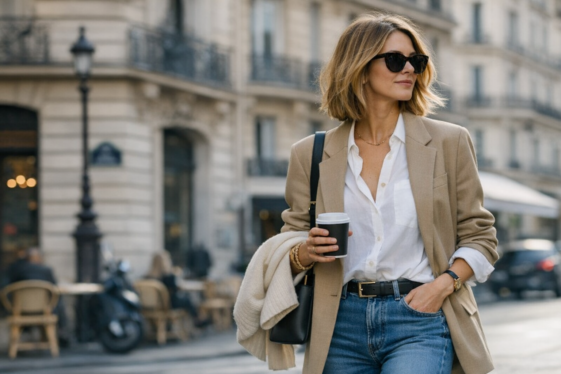 Femme élégante en blazer et jean style femme 2026 allure parisienne